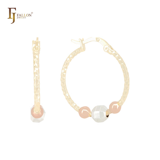 Three tone plated Beads textured 14K Gold Rose Gold Hoop Earrings