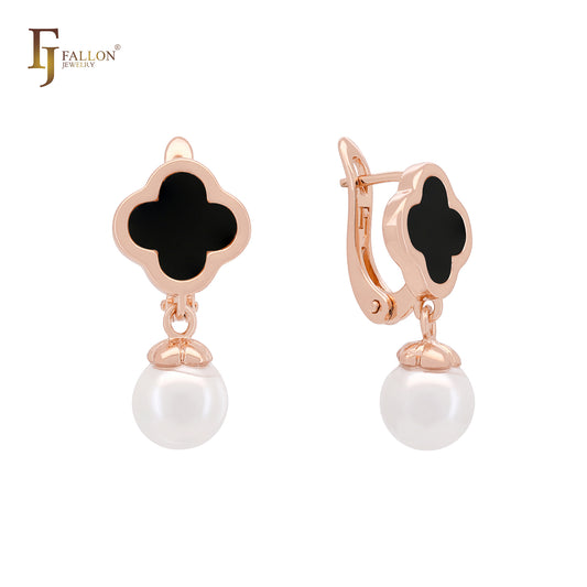 Pearl with Clover of white or Black Rose Gold Russian Lock Earrings