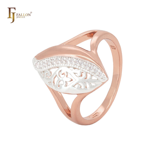 Ovales, in zwei Hälften geteiltes Blatt mit weißen Zirkonia-Filigranringen aus Roségold, zweifarbig