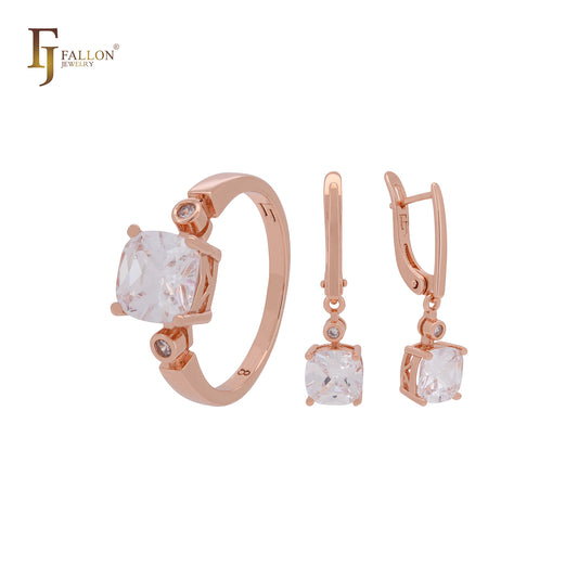 Conjunto de joyas de oro rosa con circonita cúbica blanca en solitario de talla cojín y anillos
