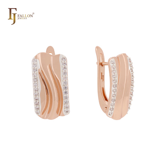 Wide bands with side paved white CZs Rose Gold two tone Russian Lock Earrings
