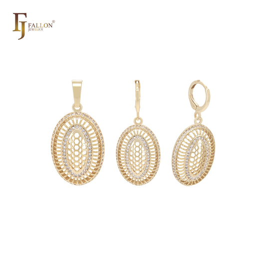 Oval Mesh net of white CZs 14K Gold Jewelry Set with Pendant