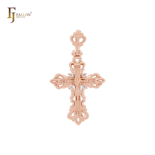 Orthodox filigree crucifix Jesus Rose Gold two tone Cross Pendant