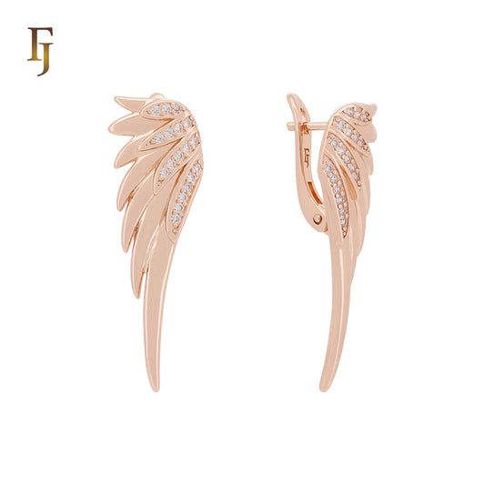 Angel Wing Russian Lock Earrings with CZ Detail | Size 11.4×37mm | FJ Jewelry