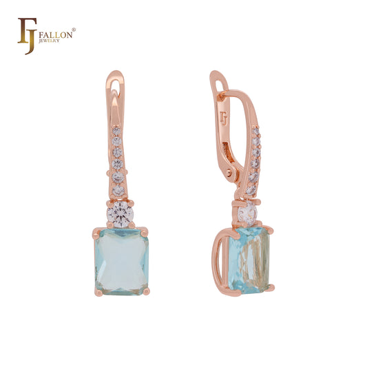 Emerald cut solitaire white and lake blue CZs Rose Gold Russian Lock Earrings