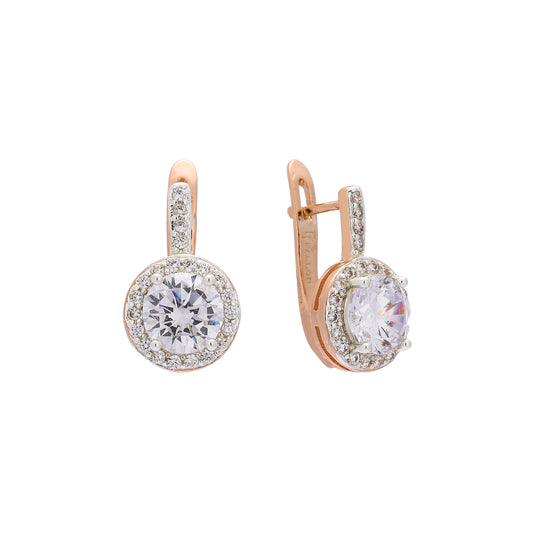 Brincos Halo arredondados com zircônias cúbicas brancas pavê, ouro 14K, ouro rosa, dois tons