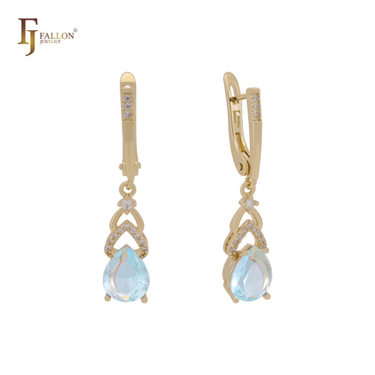 Hearty heart drop lake blue cz Rose Gold Russian Lock Earrings