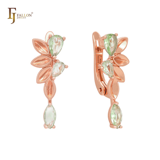 Flower and leaves cluster Apple Green CZs Rose Gold Russian Lock Earrings