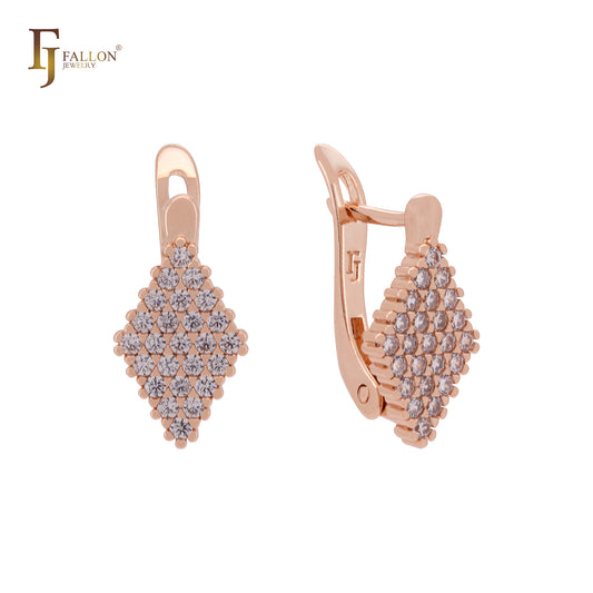 Thousand white CZs rhombus cluster Rose Gold Russian Lock Earrings