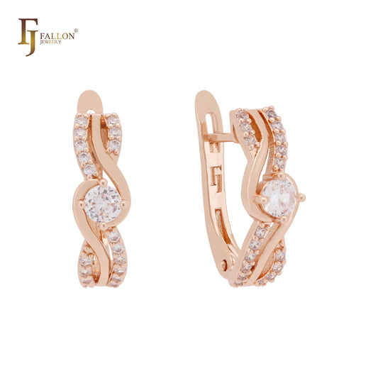 Twisted Ribbon of white CZs Rose Gold Russian Lock Earrings