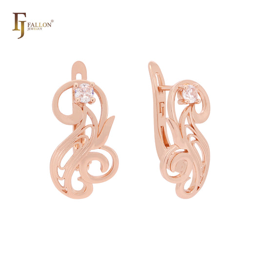 Twisted interlocking braches with white CZ Rose Gold Russian Lock Earrings