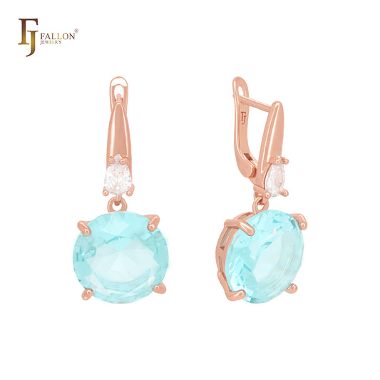 Great Big round solitaire Lake Blue CZ Rose Gold Russian Lock Earrings
