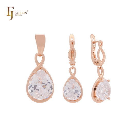 Conjunto de joyas de oro rosa con colgante y circonita cúbica blanca en forma de lágrima infinita