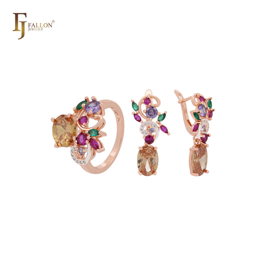 Conjunto de joyas de oro rosa con circonitas cúbicas y flores mixtas de colores con anillos