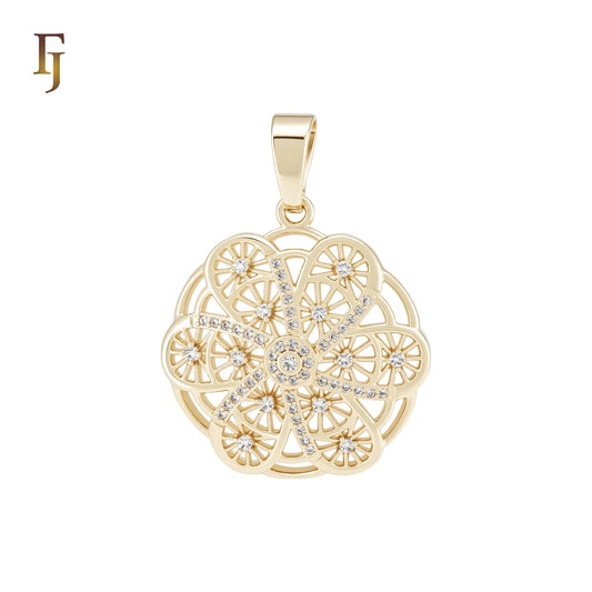 Windy Fan Hexagon Snowflake white CZs 14K Gold Filigree Pendant