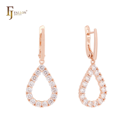 Cluster Halo colorful rounded CZ Teardrop shaped Rose Gold Russian Lock Earrings