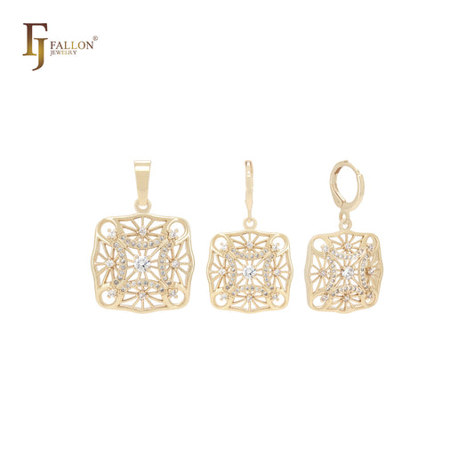 Conjunto de joias de ouro 14K com pingente em filigrana quadrada de floco de neve de zircônias cúbicas brancas