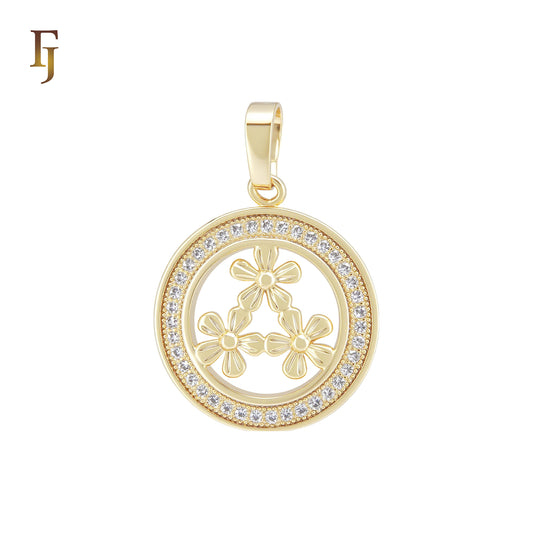 Rounded Halo white CZs triple flower 14K Gold Pendant