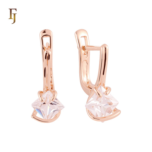 Solitaire clawed Princess Cut white CZ Rose Gold Russian Lock Earrings