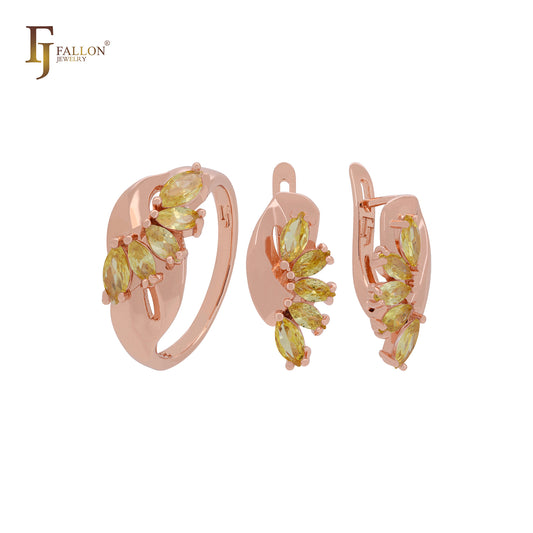 Lujoso conjunto de joyas de oro rosa con circonitas cúbicas en racimo de marquesa, color amarillo oliva o blanco, y anillos.