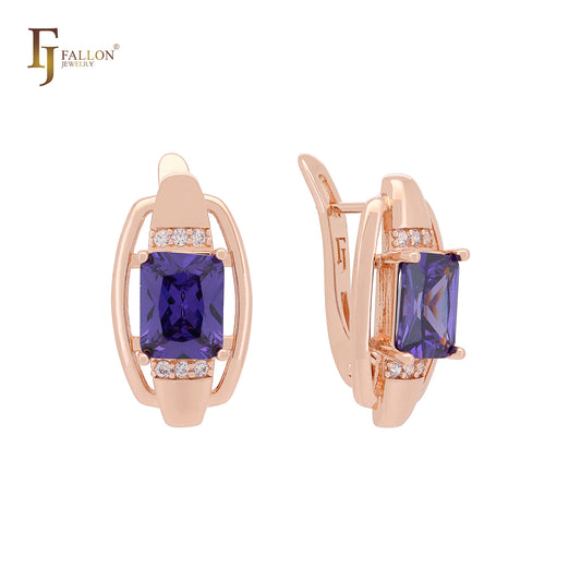 Squared Purple CZ Rose Gold Russian Lock Earrings