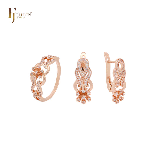 Conjunto de joias em ouro rosa com zircônias cúbicas brancas e flor em forma de lágrima e anéis