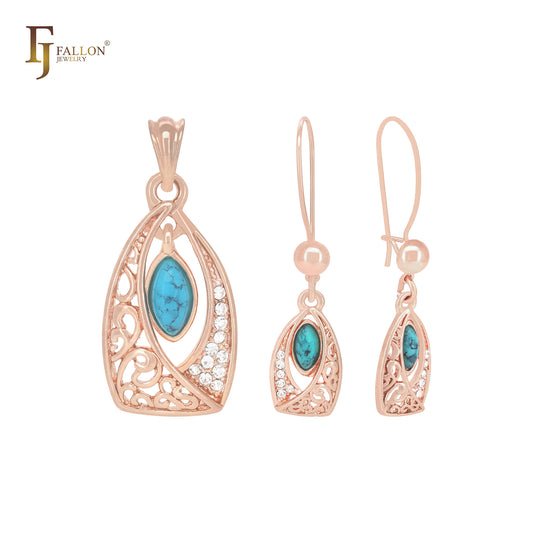 Conjunto de joyas de oro rosa con colgante de turquesa ovalada en cesta