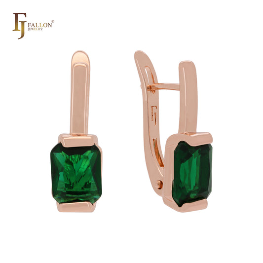 Solitaire princess cut emerald green cz Rose Gold Russian Lock Earrings