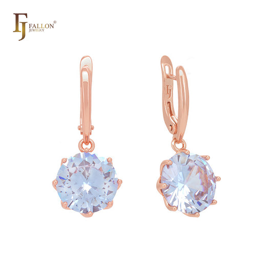 Solitaire big drop colorful clawed CZ Rose Gold Russian Lock Earrings