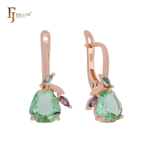 Cluster fruitful leaves colorful CZs Apple green Rose Gold Russian Lock Earrings