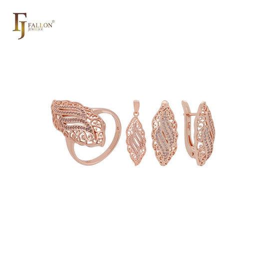 Marquise-Schmuckset aus 14 Karat Gold und Roségold mit gedrehtem, komplexem Filigrandesign und Ringen und Anhänger