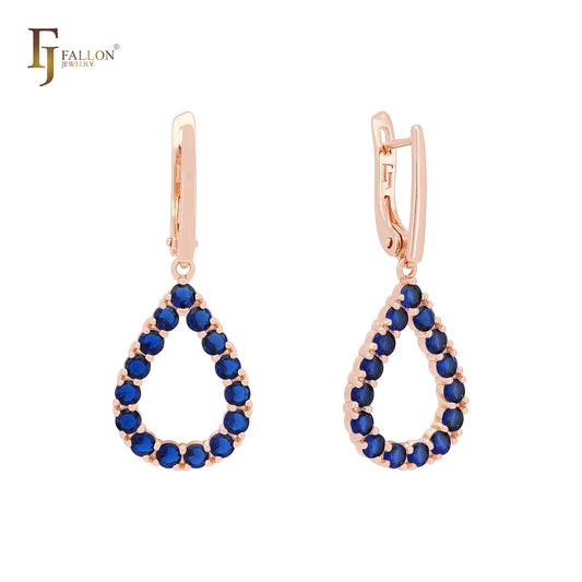 Cluster Halo colorful rounded CZ Teardrop shaped Rose Gold Russian Lock Earrings