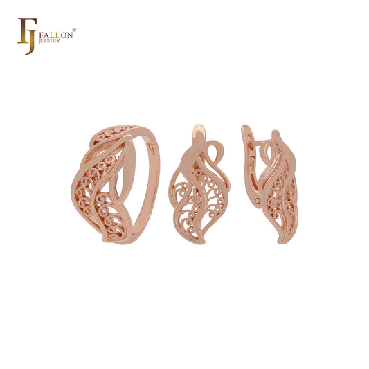 Conjunto de joyas de oro rosa con hojas danzantes de filigrana y anillos