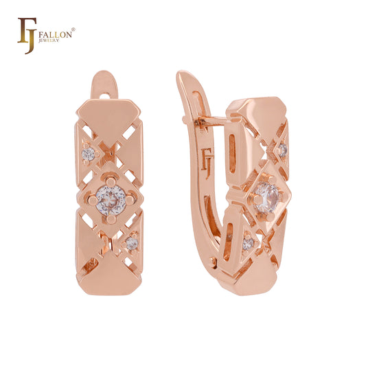 Triangular geometric white CZs Rose Gold Russian Lock Earrings
