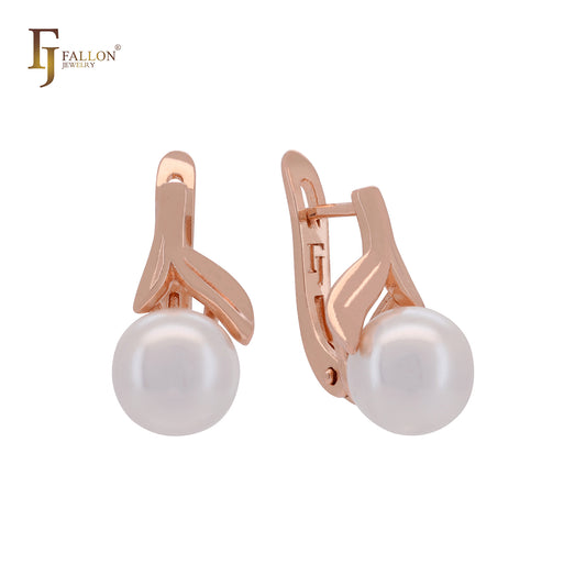 Pearl under leaves elegant Rose Gold Russian Lock Earrings