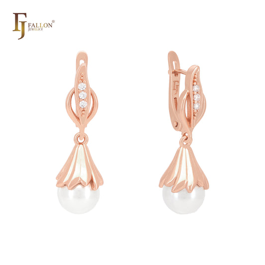 Leaves with pearl drop Rose Gold Russian Lock Earrings