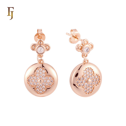Clover of white CZs bead 14K Gold, Rose Gold drop Stud Earrings