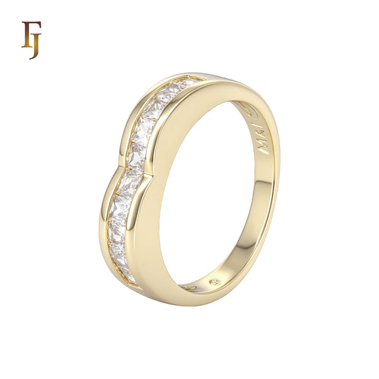Curved paved Baguette white CZs 14K Gold Wedding Band Rings