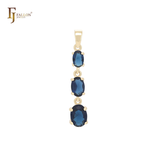 Triple Deep Blue CZs drop 14K Gold Solitaire Pendant