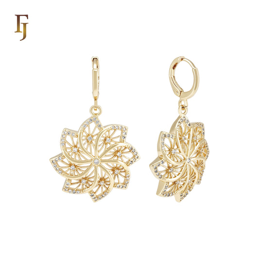 Elegant Spining snowflake white CZs Maple 14K Gold drop Huggie Earrings
