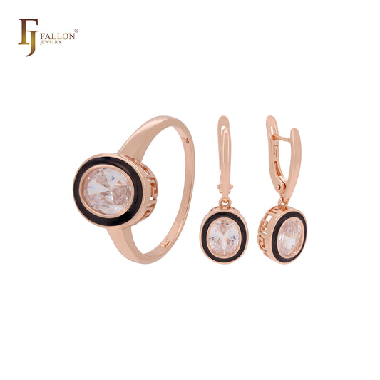 Conjunto de joyas de oro rosa con solitario ovalado de circonitas blancas y círculos negros y anillos