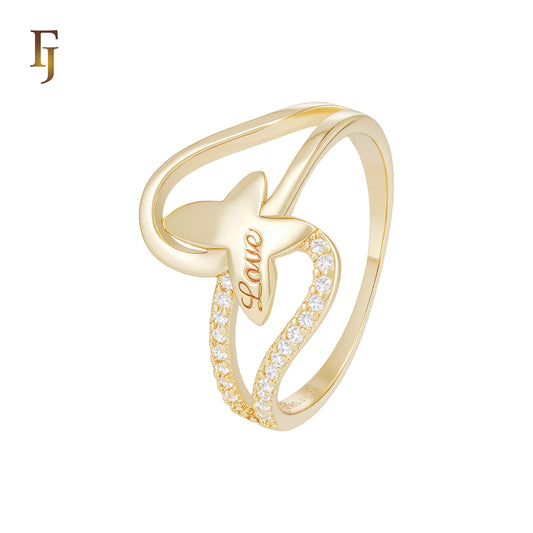 Butterfly of love crossed white CZs 14K Gold Fashion Rings