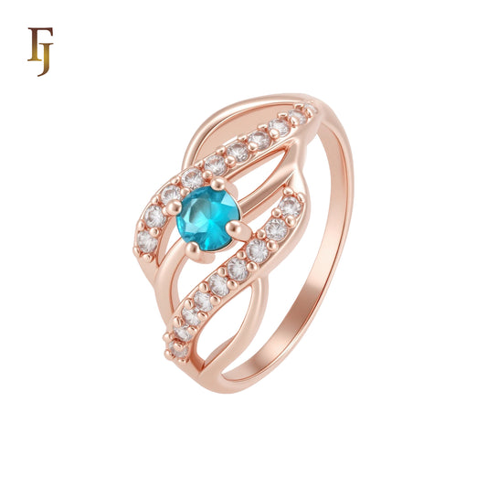 Double Rows of white CZs Solitaire blue CZ Rose Gold Fashion Rings