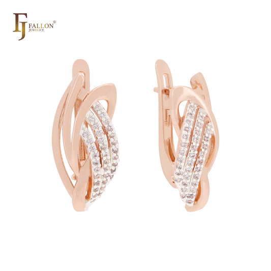 Triple white CZs layers interlocking geometric Rose Gold two tone Russian Lock Earrings