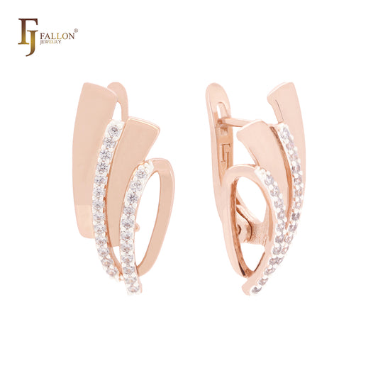 Ribbons twisted with white CZs Rose Gold two tone Russian Lock Earrings