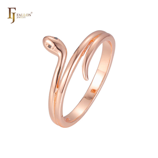 Glossy binding snake with black CZ Rose Gold Fashion Rings