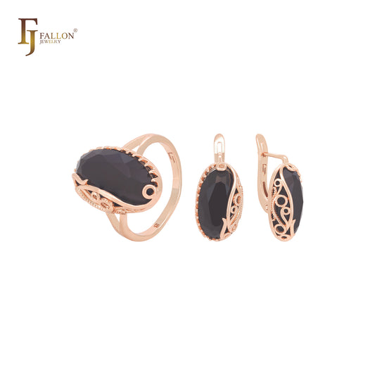 Gran conjunto de joyas gigantes de oro rosa con corte ovalado negro y anillos