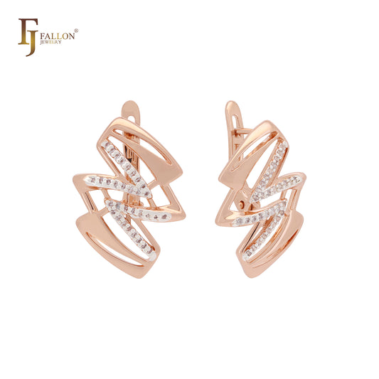 Lightning sign zigzac of white CZs Rose Gold two tone Russian Lock Earrings