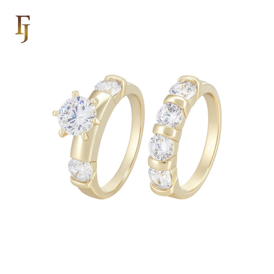 Big Cluster White CZs 14K Gold Wedding Set Rings
