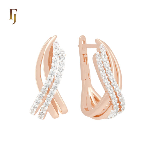 Double ribbon slashes cross white CZs Rose Gold two tone Russian Lock Earrings